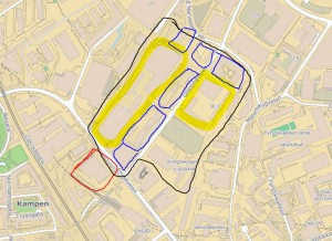 kart over ensjø med tyngdepunktet og kjerneområdet inntegnet